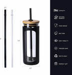 Kodrine 20oz Glass Water Tumbler with Straw and Lid, Bamboo Lids Water Bottle, Iced Coffee Cup Reusable, Wide Mouth Smoothie Cups with Protective Silicone Sleeve BPA FREE-Black