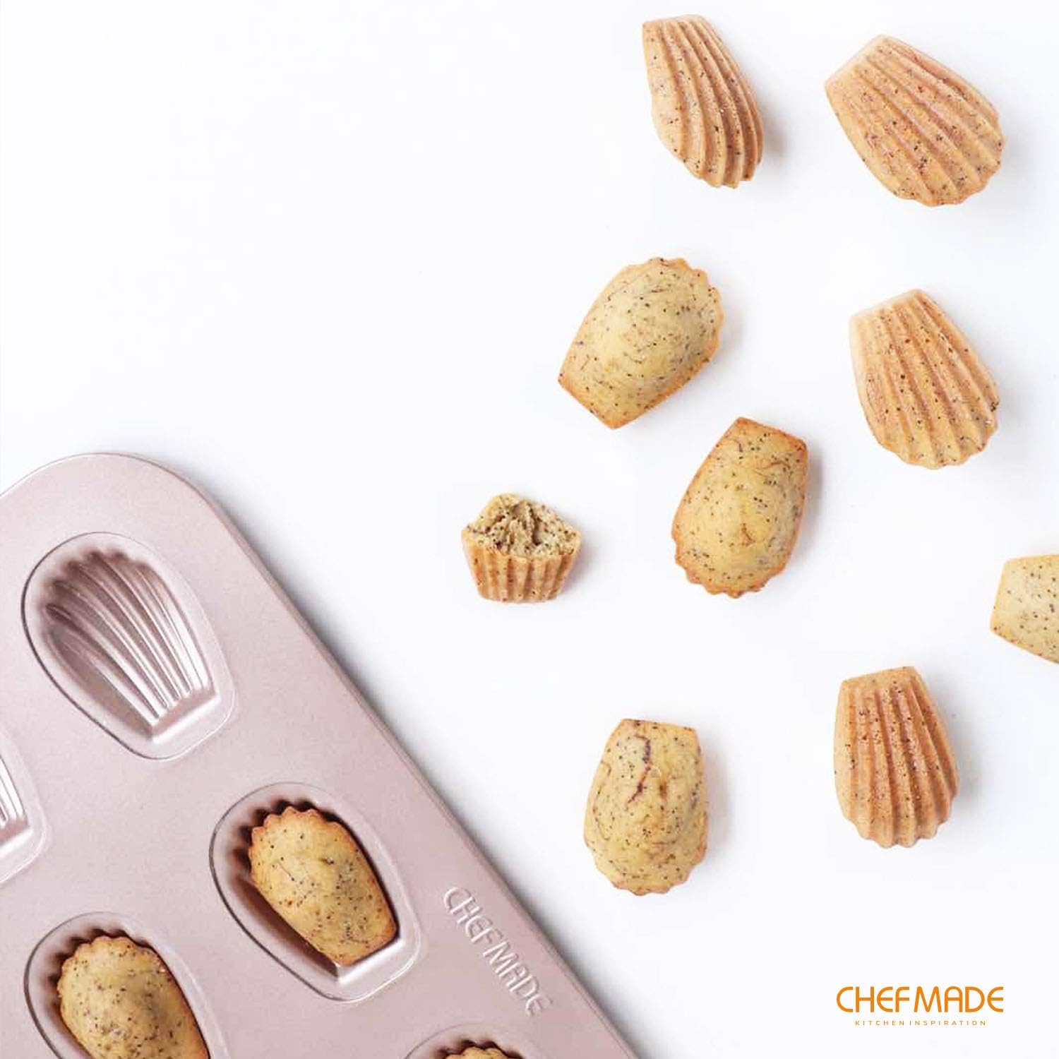 CHEFMADE Mini Madeleine Mold Cake Pan, 16-Cavity Non-Stick Tiny Oval Shell Madeline Bakeware for Oven Baking (Champagne Gold)