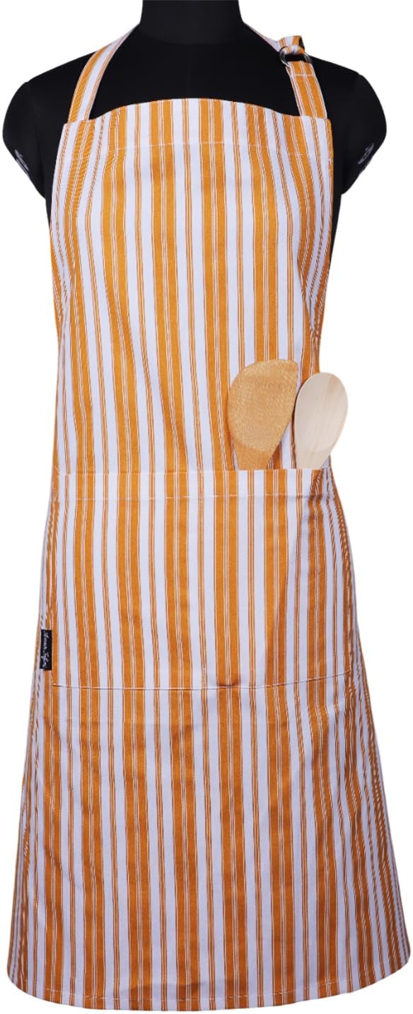 AMOUR INFINI Cotton Aprons for Women with Pockets Adjustable Strap and Waist Ties Reusable Printed Aprons for Baking, Cooking, Gardening (27.5 x 33 Inches - Yellow)
