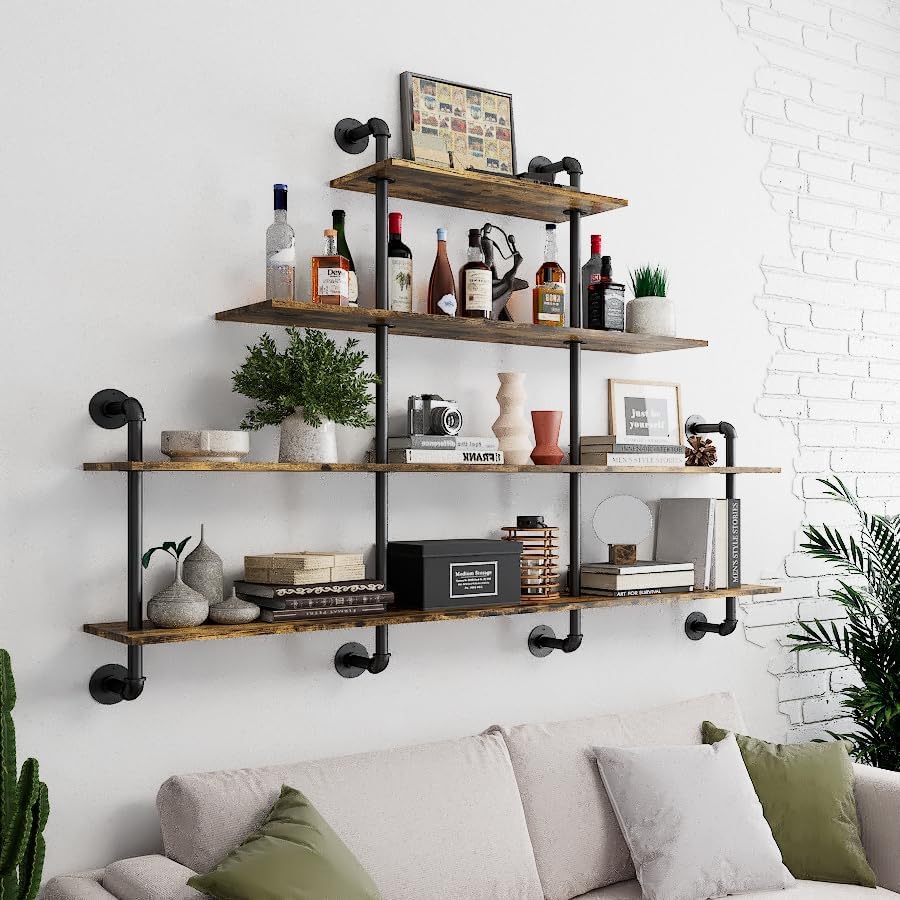 63" Industrial Pipe Shelving - 4 tier Rustic Solid Wood and Heavy Duty Metal Pipe Shelves for Wall,Kitchen Shelves Wall Mounted,Floating Bookshelf,Wall Shelves for Bathroom,Living Room,Coffee Bar