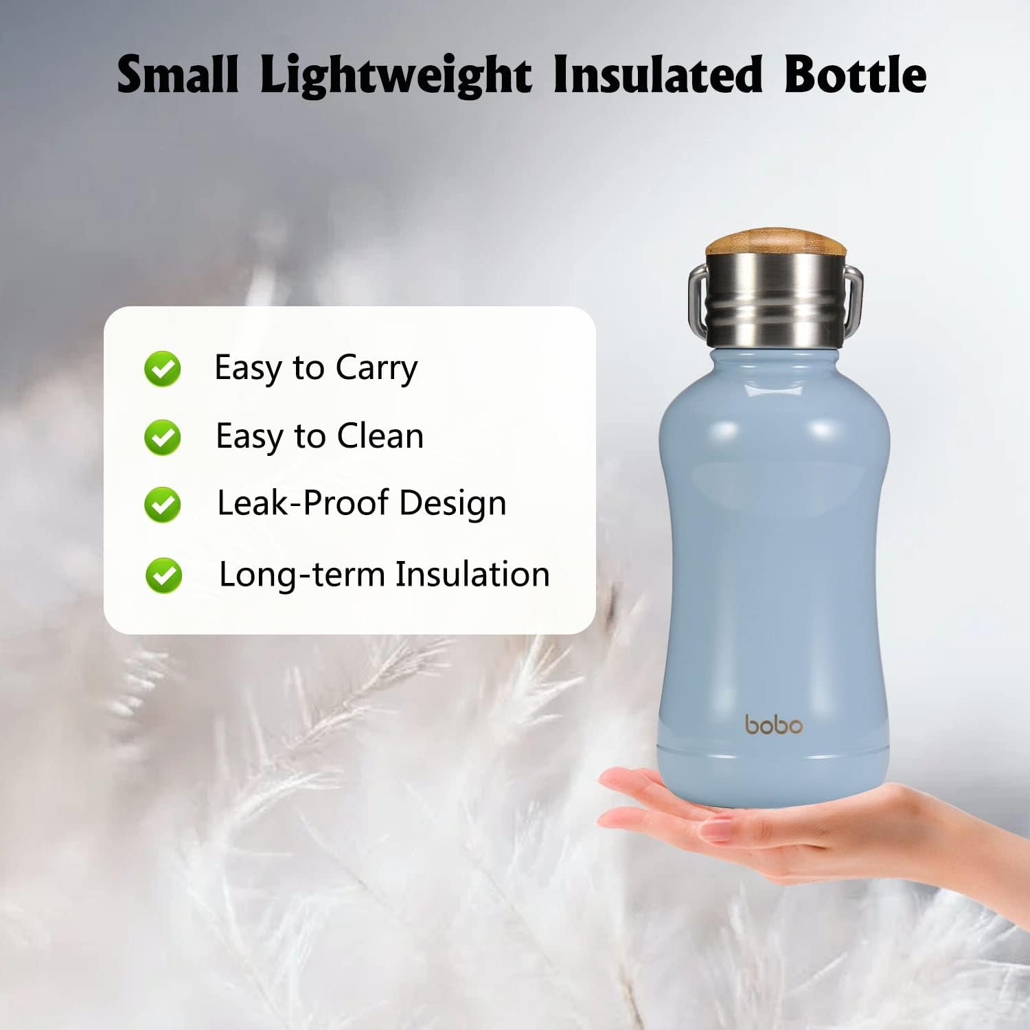 YOHKOH Mini Insulated Water Bottle With Bamboo Lid - 8.8oz Small Vacuum Insulated Water Bottle for Women Kids, 12 Hrs Hot & 24 Hrs Cold Stainless Steel Thermos Leak-Proof BPA-Free (8.8oz,Blue)