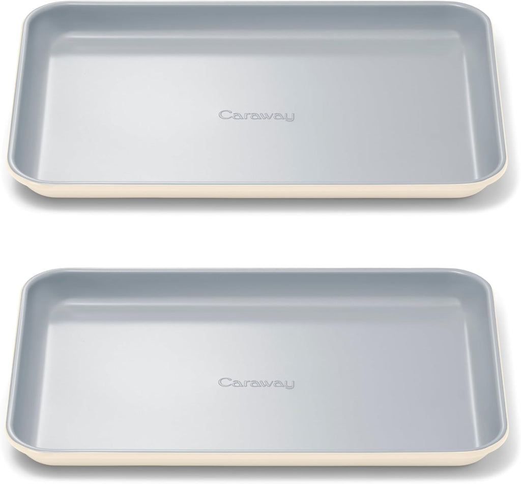 Caraway Nonstick Ceramic Small Baking Sheet Duo (9x13”) – Non-Toxic, PTFE & PFOA Free – Oven Safe – Aluminized Steel Core – Mini Sheet Pan for Baking, Roasting & More - Cream