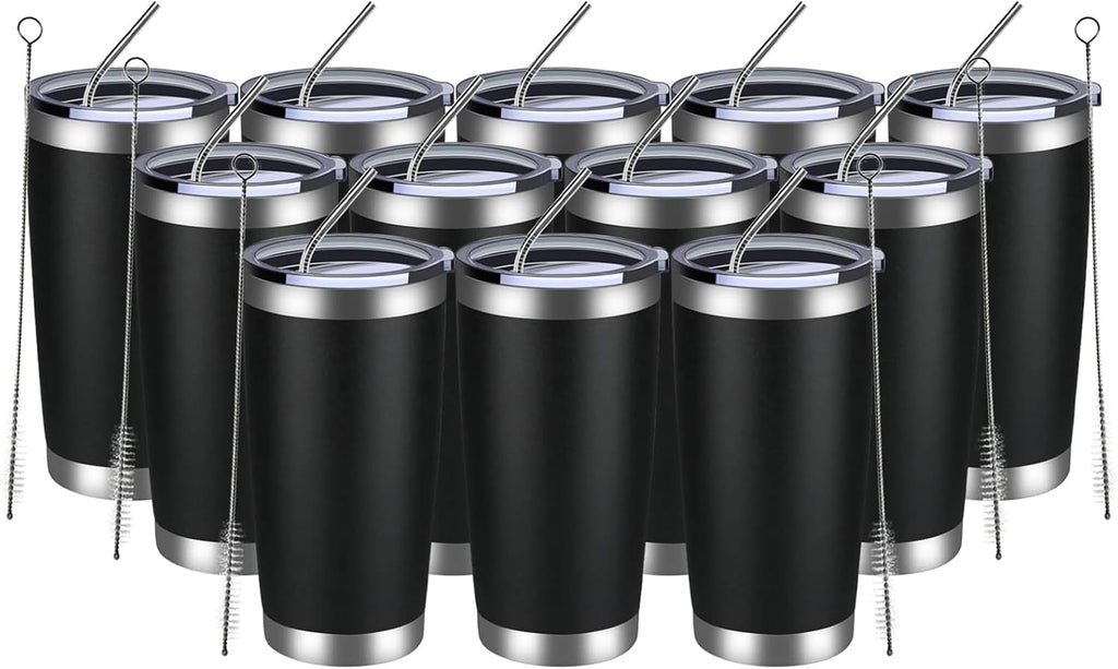 MEWAY 20oz Tumbler 12 Pack Double Wall Vacuum Insulated Travel Mug Bulk, Stainless Steel Tumblers with Lid and Straw, Durable Powder Coated Coffee Cups for Cold & Hot Drinks (Black, 12)