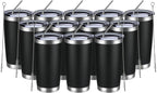 MEWAY 20oz Tumbler 12 Pack Double Wall Vacuum Insulated Travel Mug Bulk, Stainless Steel Tumblers with Lid and Straw, Durable Powder Coated Coffee Cups for Cold & Hot Drinks (Black, 12)