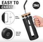 Kodrine Tumbler with Lid and Straw, 20 oz Glass Coffee Tumbler with Handle, Smoothie Cup with Bamboo Lid | Time Marker | Silicone Protective Sleeve, BPA Free - Black