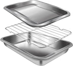 Sheet Pan with Cooling Rack Set [2 Baking Sheets + 1 Baking Rack], Stainless Steel Cookie Sheets for Baking and Wire Rack, Warp Resistant, Heavy Duty, Rust Free, Size 12.4 x 8.46 x 1.77 Inch