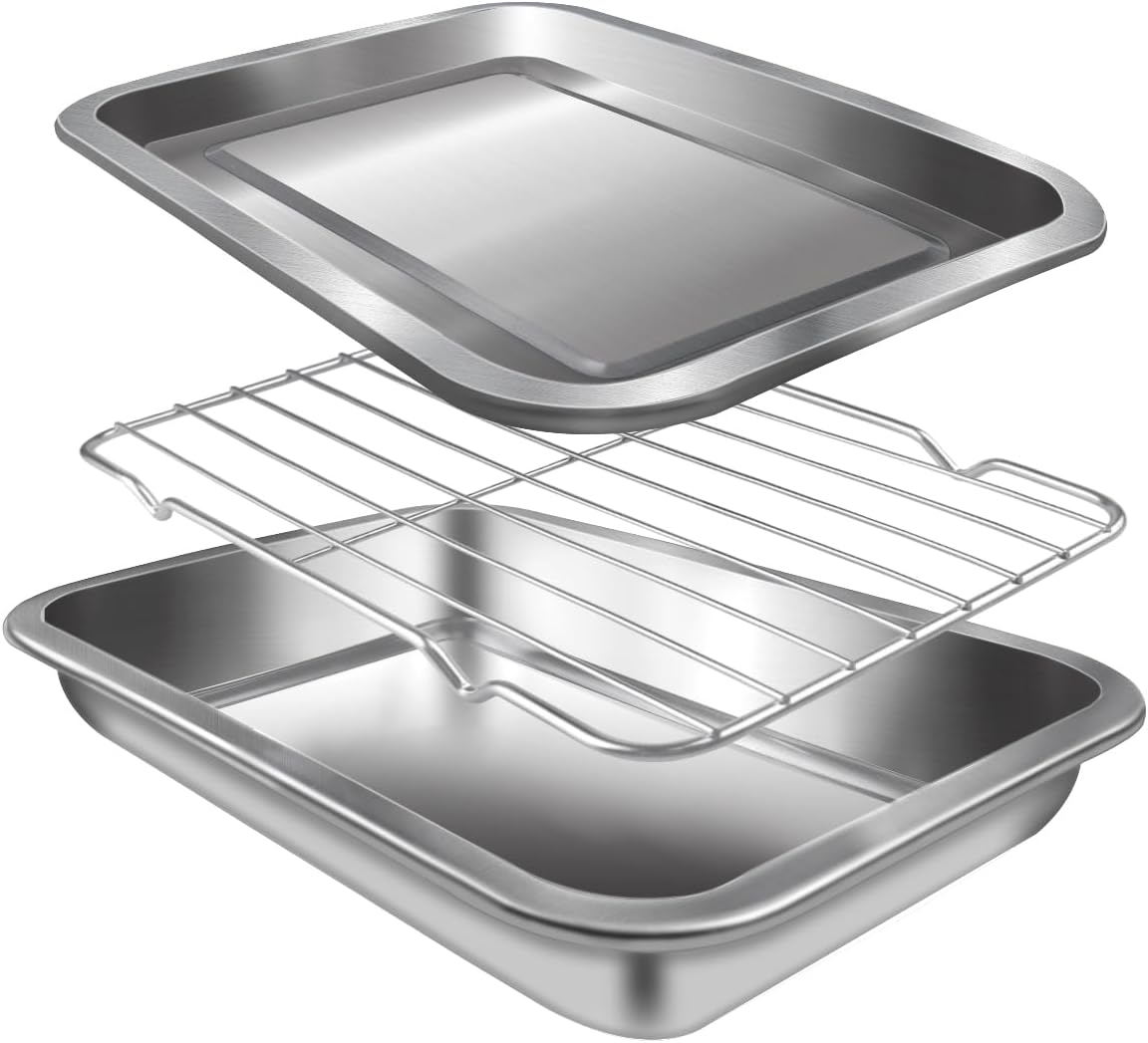 Sheet Pan with Cooling Rack Set [2 Baking Sheets + 1 Baking Rack], Stainless Steel Cookie Sheets for Baking and Wire Rack, Warp Resistant, Heavy Duty, Rust Free, Size 12.4 x 8.46 x 1.77 Inch