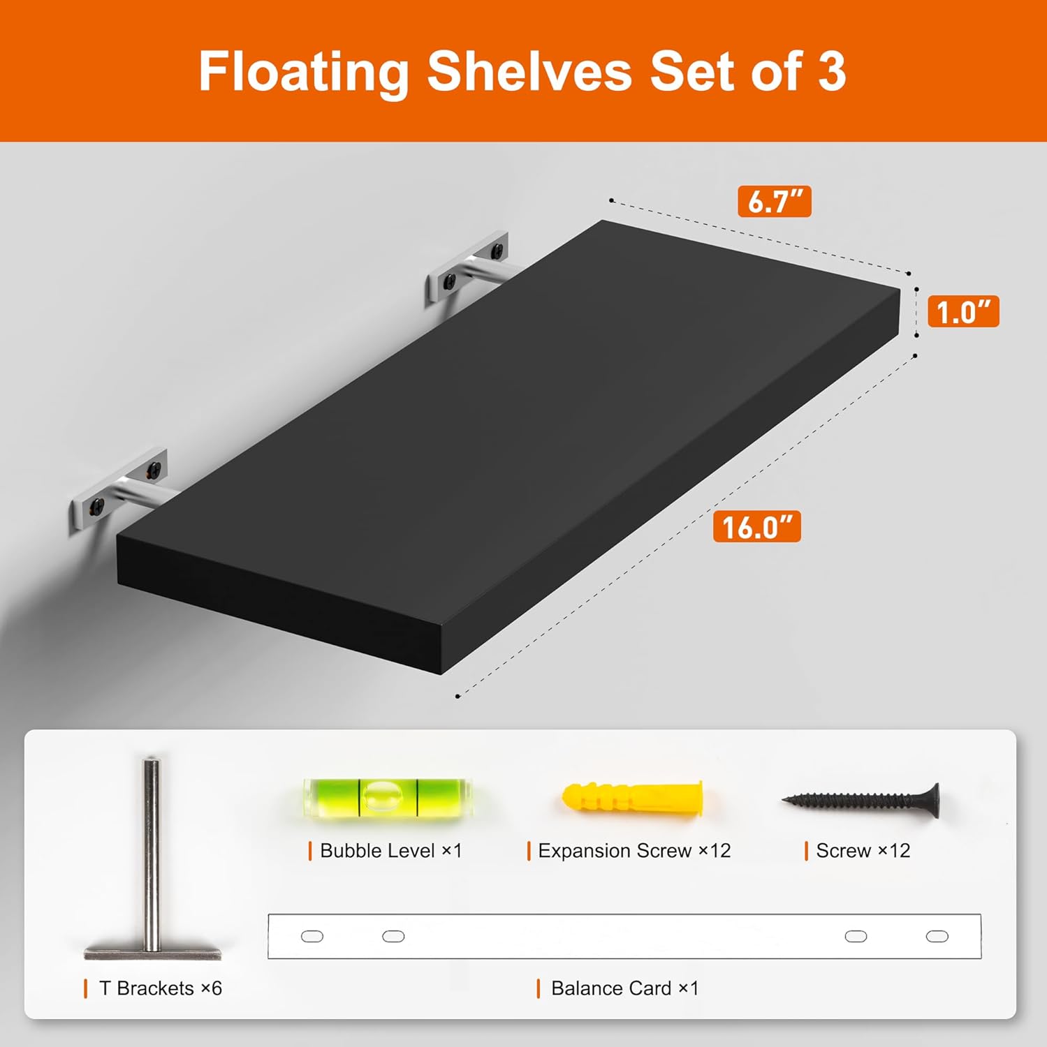 Floating Shelves Set of 3, Black Wood Wall Mounted Shelf 16" for Kitchen, Living Room, Bedroom, Bathroom Storage, Book Shelf, Home Decor, Frame Display