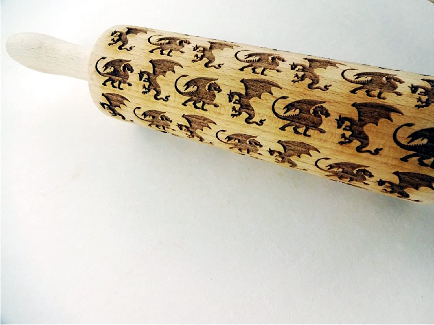 DRAGONS embossing rolling pin. Wooden embossing rolling pin with dragons
