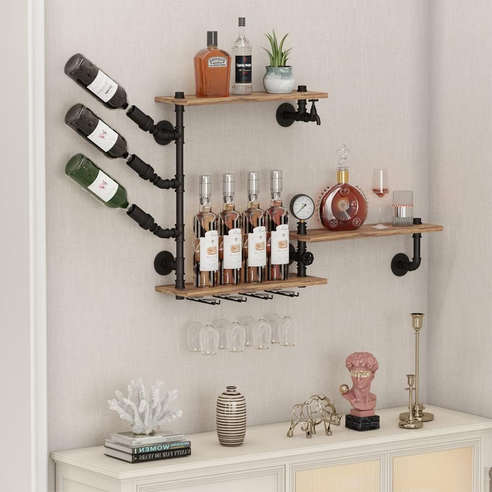 3 Tier Industrial Wall Wine Rack, 46in Floating Bar Liquor Shelves with 4 Stem Glass Holder, Pipe Shelf Shelving Wine Glass Rack, Wine Rack Wall Mounted Living Room Kitchen Decor, Black