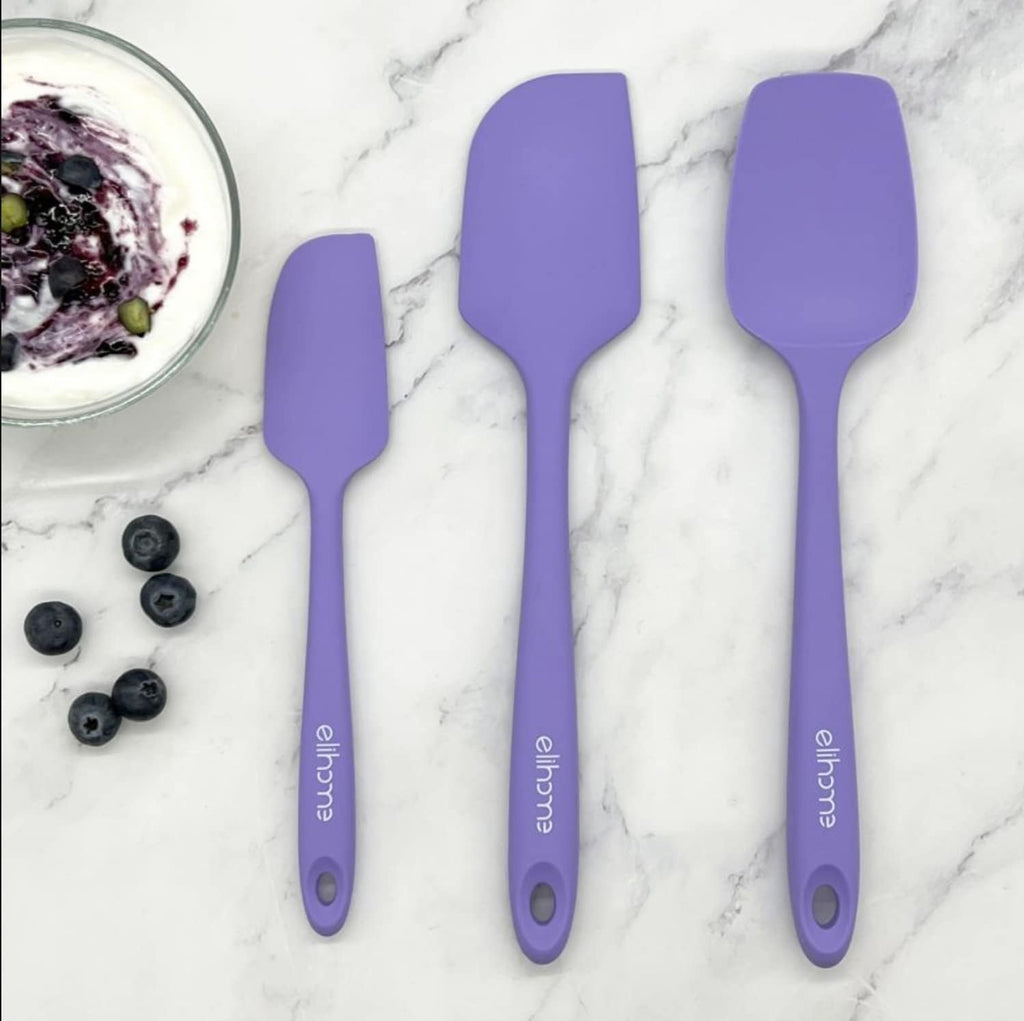 Elihome Chef Series 3 Piece Silicone Spatula Set - 600°F Heat Resistant Non Stick Rubber Kitchen Scraper Spatulas for Cooking, Baking, and Mixing – BPA Free and LFGB Certified Silicone, Purple Color
