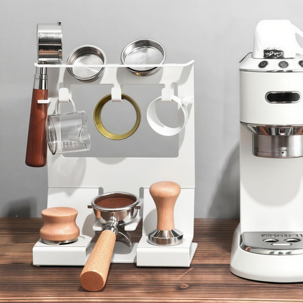 GIB Espresso Accessories Organizer Rack Tamper Holder Station, Heavy Duty Steel Stand for Coffee Distributor 51-54mm Portafilter Storage for Bar Home Office, White