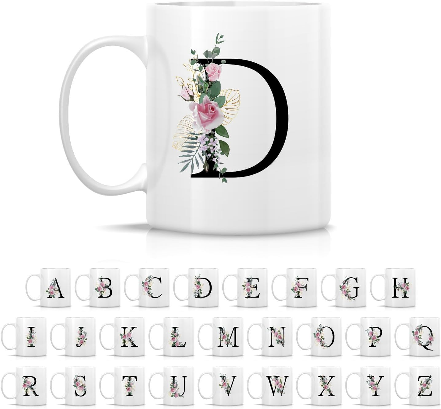 Retreez Initial A-Z Floral Botanical Bouquet Alphabet Monogrammed Monogram Mug 11 Oz Ceramic Tea Coffee Mugs - Appreciation Thank You Wedding Birthday Gifts for her friend coworker sister - D Initial