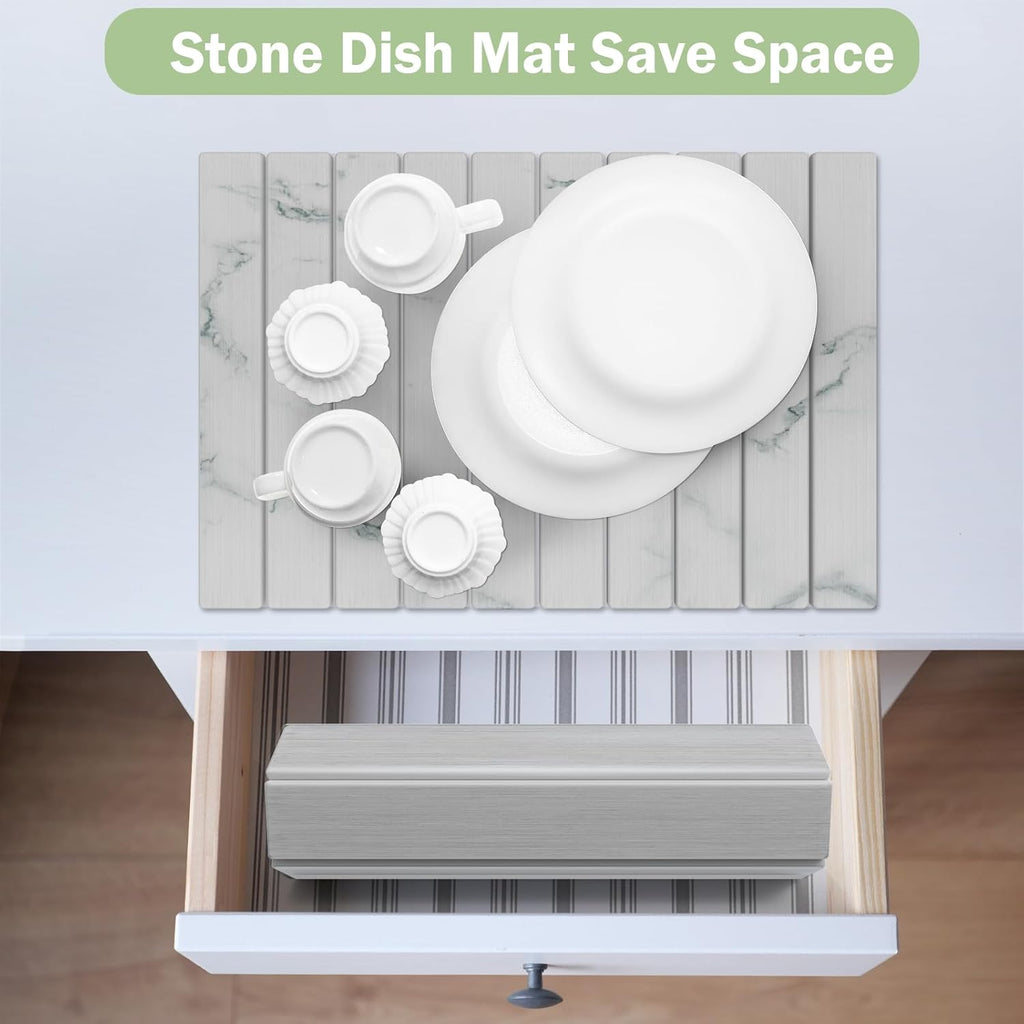 Stone Dish Drying Mat for Kitchen Counter,24"(L)×16"(W) Collapsible Fast-Drying Diatomaceous Earth Mats with Towel Sanding Tool,Versatile Stone Drying Mats for Cups Dishes Bottles