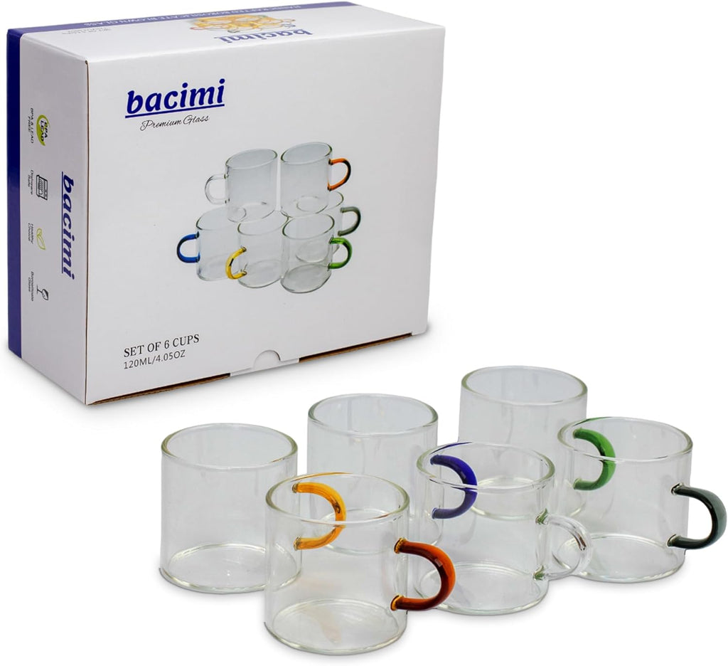 Bacimi® Clear Espresso Cups with Colorful Handles - Set of 6 / 4oz / 120ML - Borosilicate Glass Mugs for Cappuccino, Tea, Latte, & Hot Beverage - Mini Drinking Cups - Microwave Safe