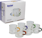 Bacimi® Clear Espresso Cups with Colorful Handles - Set of 6 / 4oz / 120ML - Borosilicate Glass Mugs for Cappuccino, Tea, Latte, & Hot Beverage - Mini Drinking Cups - Microwave Safe