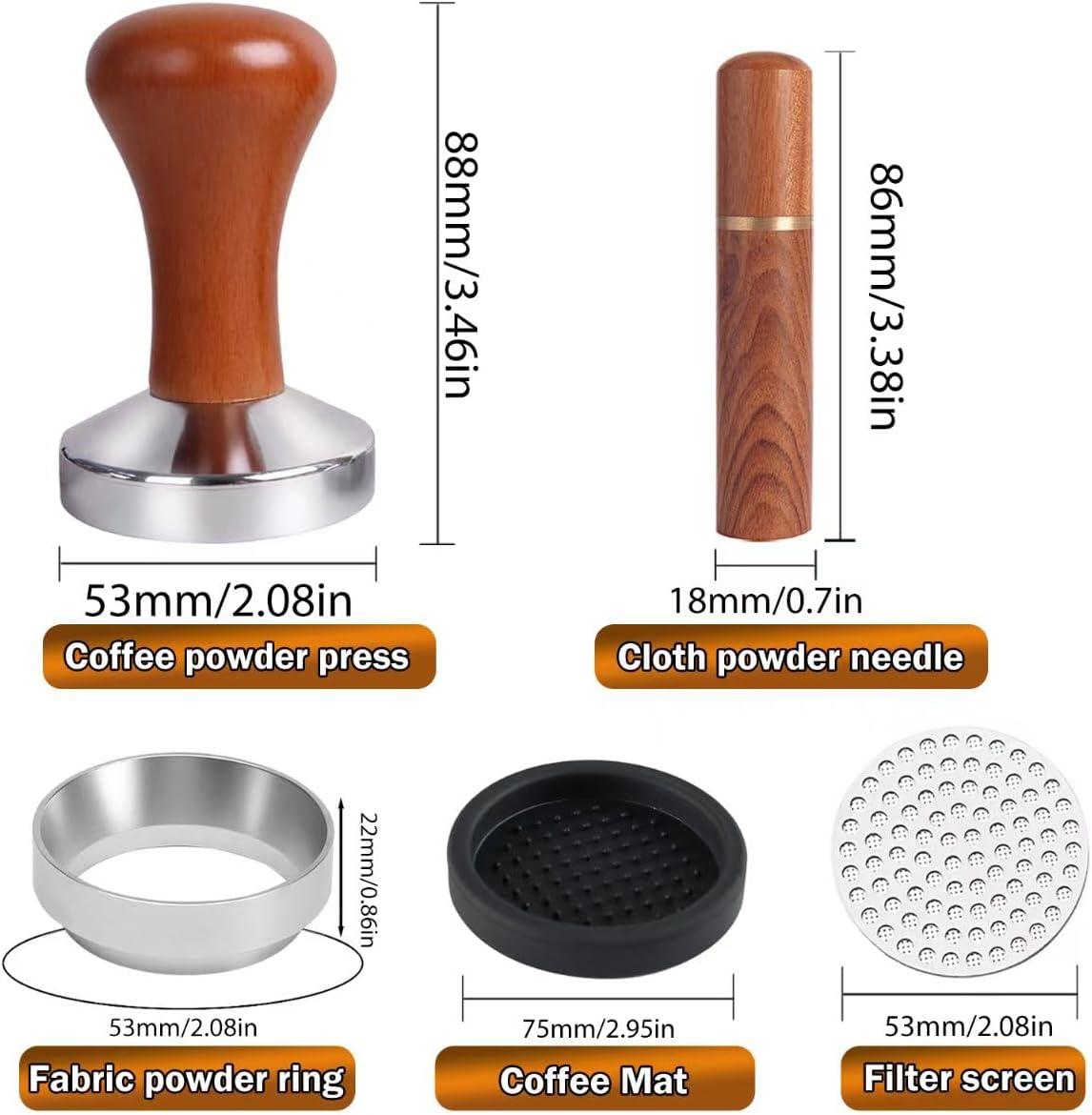53mm Espresso Accessories Kit,Wdt Tool Espresso,Solid Espresso Tamper,Coffee Puck Screen and Dosing Funnel,Silicone Tamper Mat,0.4mm Stainless Steel 6pin Espresso Stirrer,Barista Tools Espresso Kit