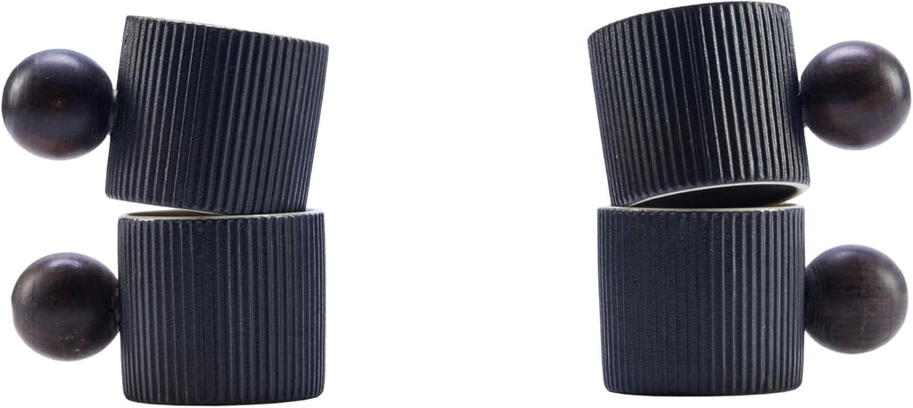 Ceramic Mini Espresso Cups Demitasse Cups with Round Wooden Handle Vertical Stripes Tea Cups (black, 4pcs)