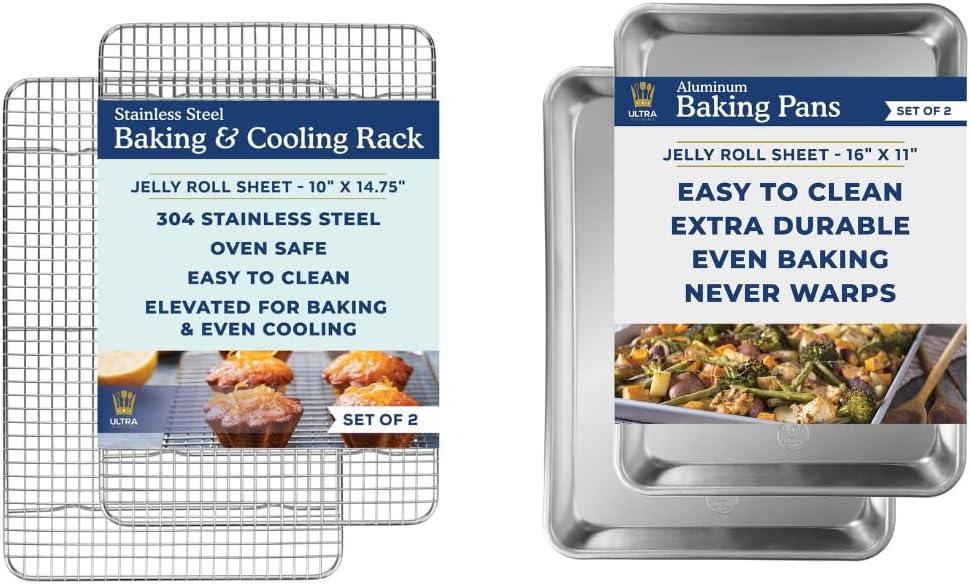 Ultra Cuisine Stainless Steel Jelly Roll Sheet Cooling Rack Set & Aluminum Baking Pan Set - Professional Quality, Fits Jelly Roll Sheet Pans - Cookie Sheet for Baking - 10"x14.75" Rack, 16"x11" Pan