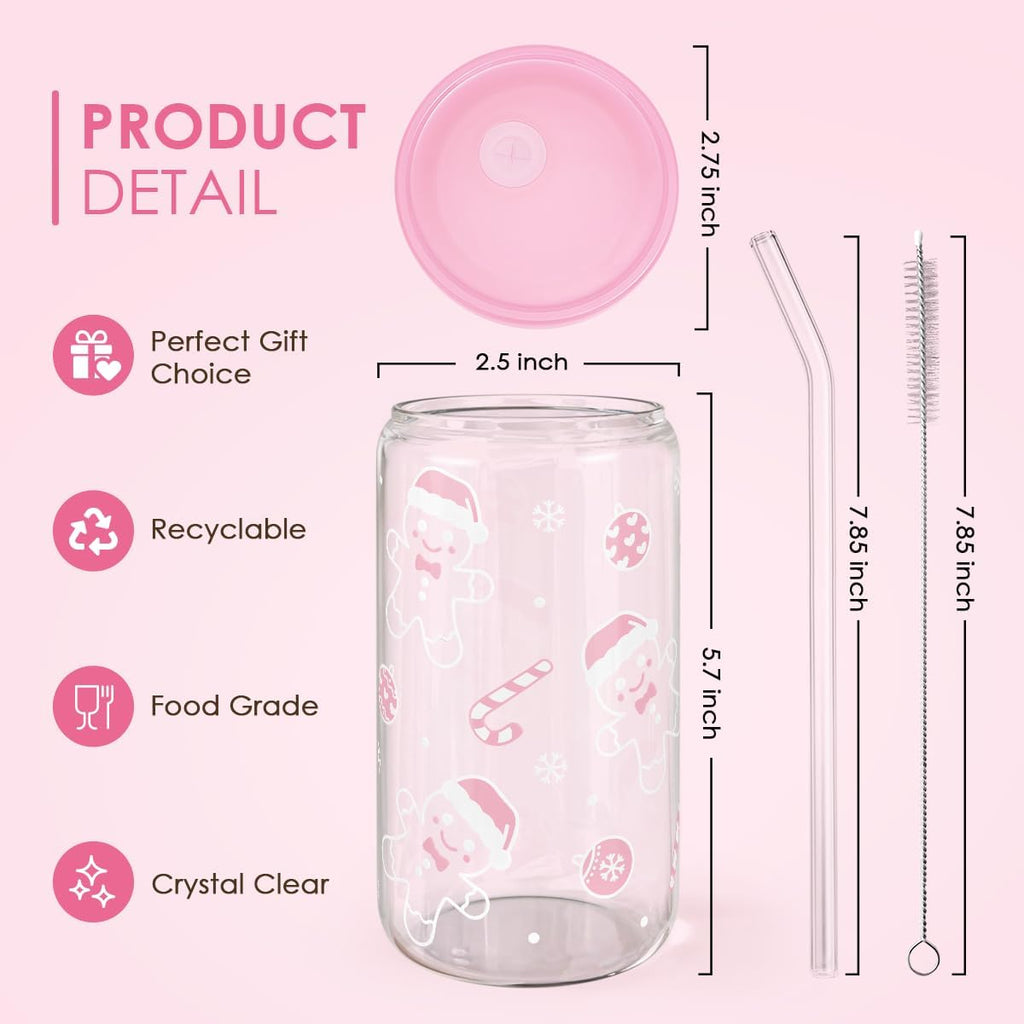 Christmas Gingerbread 16oz Can Glass Tumbler with Acrylic Lid & Straw, Iced Coffee Cup for Women Girls, Aesthetic Cups Gifts for Xmas