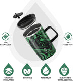 Ideus Vacuum Insulated Coffee Mug, 16oz Reusable Stainless Steel Thermal Double Walled cup with Handle and Slider Lid for Hot & Cold Beverages, BPA Free (Green Zebra)
