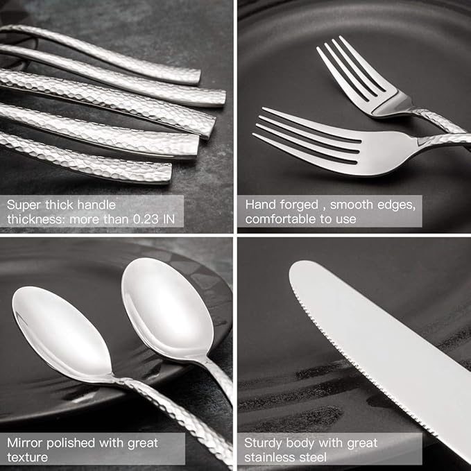 Silverware Set Flatware Set Hammered Pattern Stainless Steel Cutlery Set Silver Mirror Polished 40 Pieces Service for 8