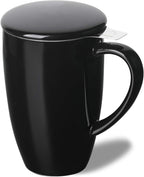 Sweejar Porcelain Tea Infuser Cup with Lid, 16 oz Tea Cup with Strainers for Loose Leaf Tea, Microwave and Dishwasher Safe Coffee Mug, Tea Steeping Mug for Tea Drinkers,Christmas Gift (Black)
