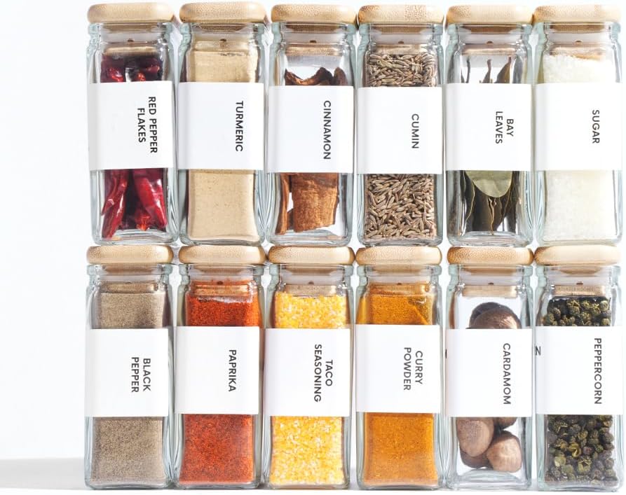 Glass Square Spice Jars with Labels, 4oz Glass Jars with Bamboo Lids, Spice Bottles, Seasoning Organizer, 12 Pack (White)