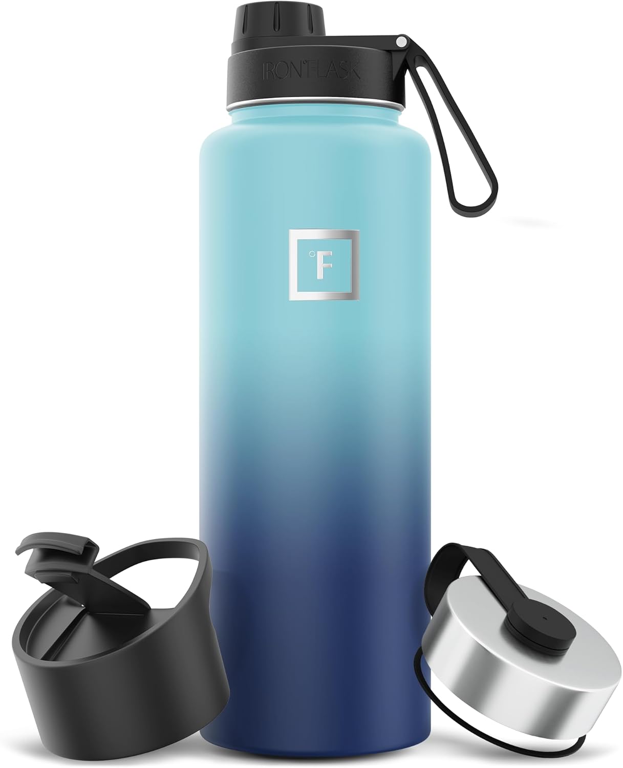 IRON °FLASK Camping & Hiking Hydration Flask with 3 Lids - Stainless Steel, Double Walled & Vacuum Insulated Water Bottle - Leak Proof & BPA Free (Blue Waves, Spout - 40 oz)