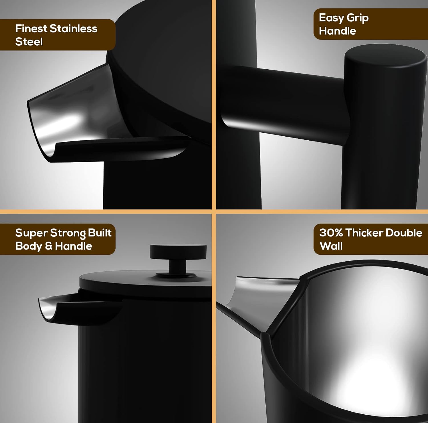 Utopia Kitchen Stainless Steel French Press Coffee Maker 34 Oz (1 Litre) with 2 Extra Filters, French Press Coffee & Tea Maker for Kitchen & Camping, Cold Brew Cafetiere, Black