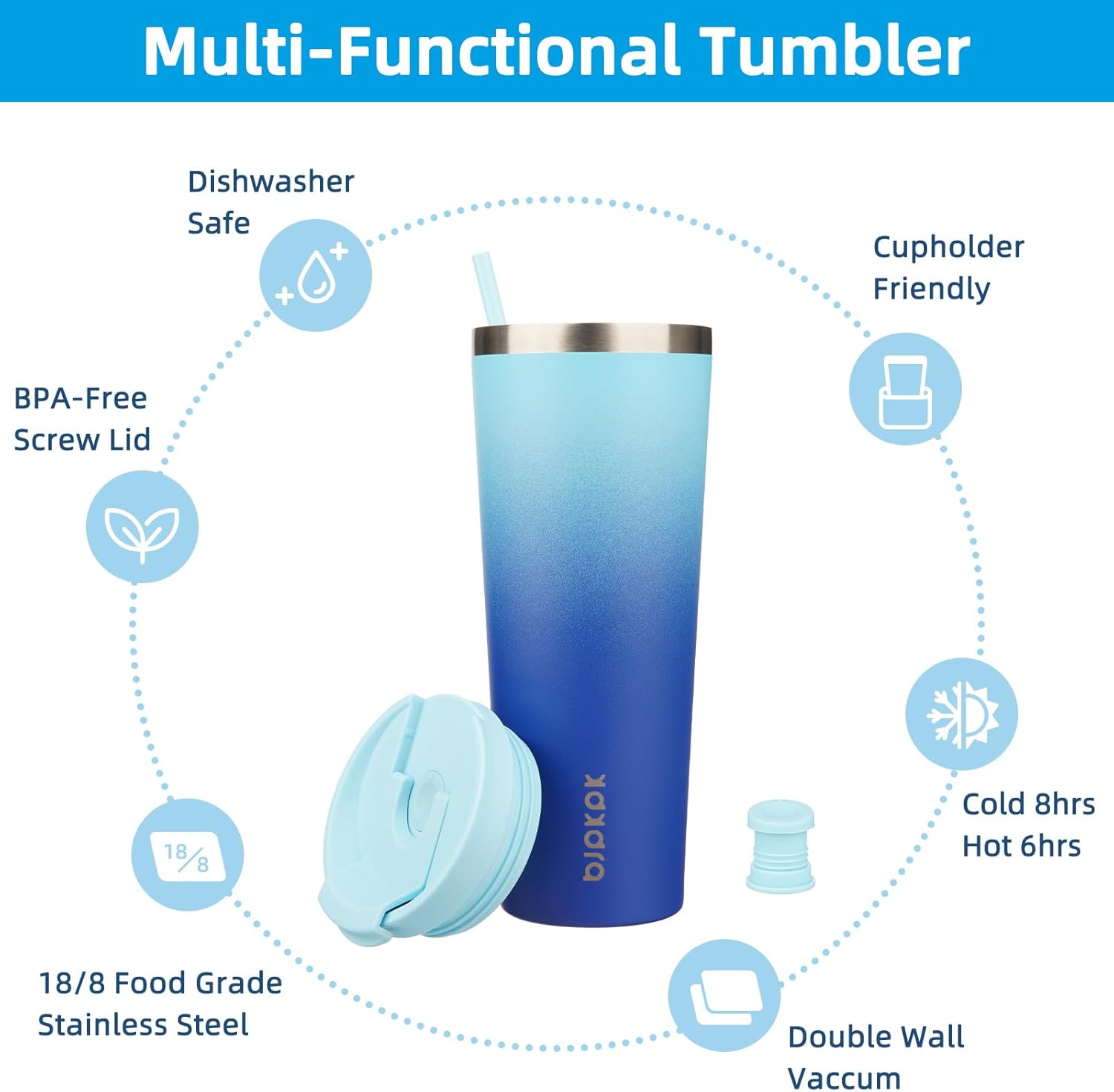 BJPKPK 26oz Insulated Tumbler With lid And Straw Stainless Steel Tumblers Travel Coffee Mug Reusable Thermal Cup,Sky