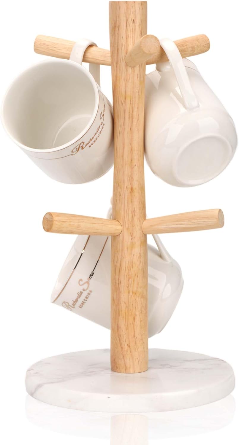 WORHE Mug Holder Marble Base with 6 Hooks Coffee Cup Rack Organizer for Countertop, Round Mugs Stand Hanger for Kitchen Counter Cabinet Bar Accessories and Home Decor White (MH001)