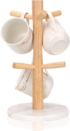 WORHE Mug Holder Marble Base with 6 Hooks Coffee Cup Rack Organizer for Countertop, Round Mugs Stand Hanger for Kitchen Counter Cabinet Bar Accessories and Home Decor White (MH001)