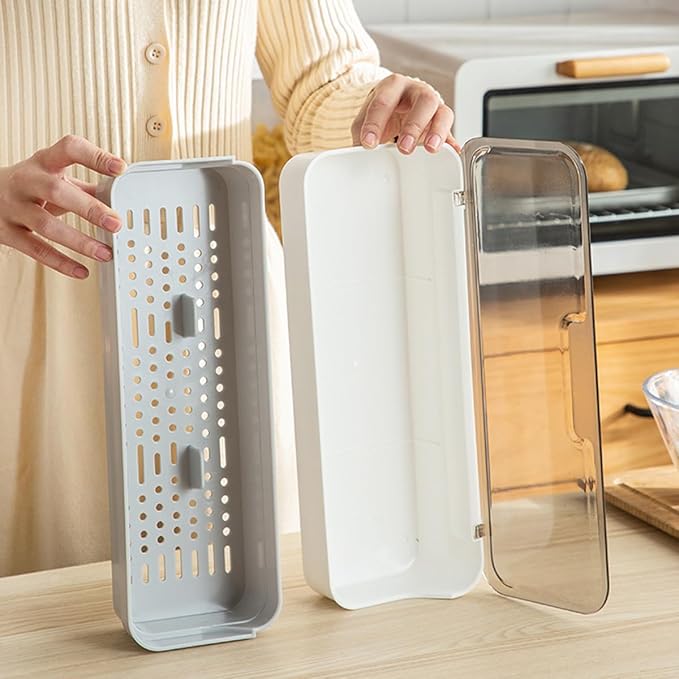 Large capacity Plastic Kitchen Drawer Organizer with Lid and Drainer Stackable Utensil Holder for Countertop Silverware Tray Flatware Organizers - 12.6x4.7x2.4 Inch Spatula Cutlery Tray