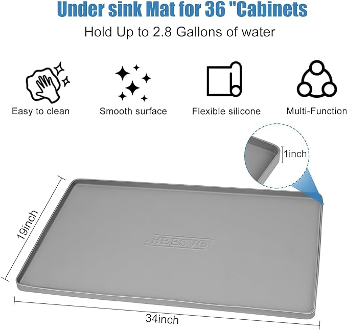 Under Sink Mat for Kitchen Waterproof, 34" x 19" Silicone Under Sink Liner Kitchen & Bathroom Cabinet Protector Mats, Heavy Duty Flexible Under Sink Drip Tray with Lip, Cool Grey