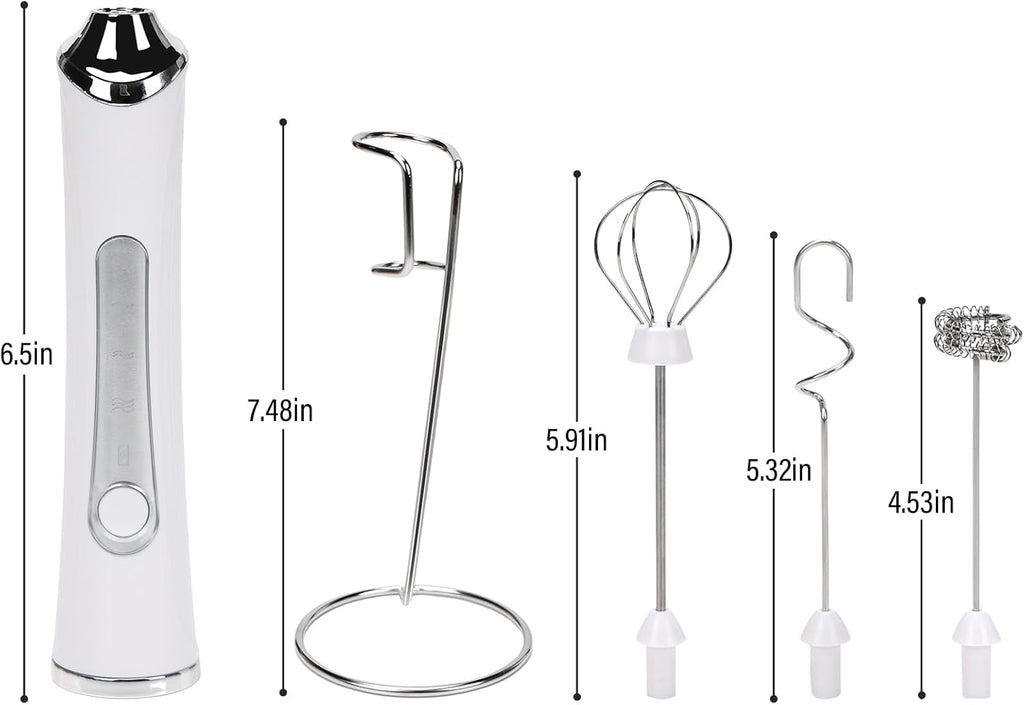 Rechargeable Milk Frother with Stand - 3 Speed Adjustable Electric Whisk, 3 Detachable Stainless Steel Heads for Latte, Cappuccino, Matcha, Egg (White)