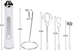 Rechargeable Milk Frother with Stand - 3 Speed Adjustable Electric Whisk, 3 Detachable Stainless Steel Heads for Latte, Cappuccino, Matcha, Egg (White)