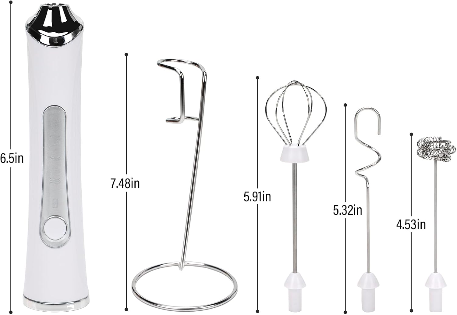 Rechargeable Milk Frother with Stand - 3 Speed Adjustable Electric Whisk, 3 Detachable Stainless Steel Heads for Latte, Cappuccino, Matcha, Egg (White)