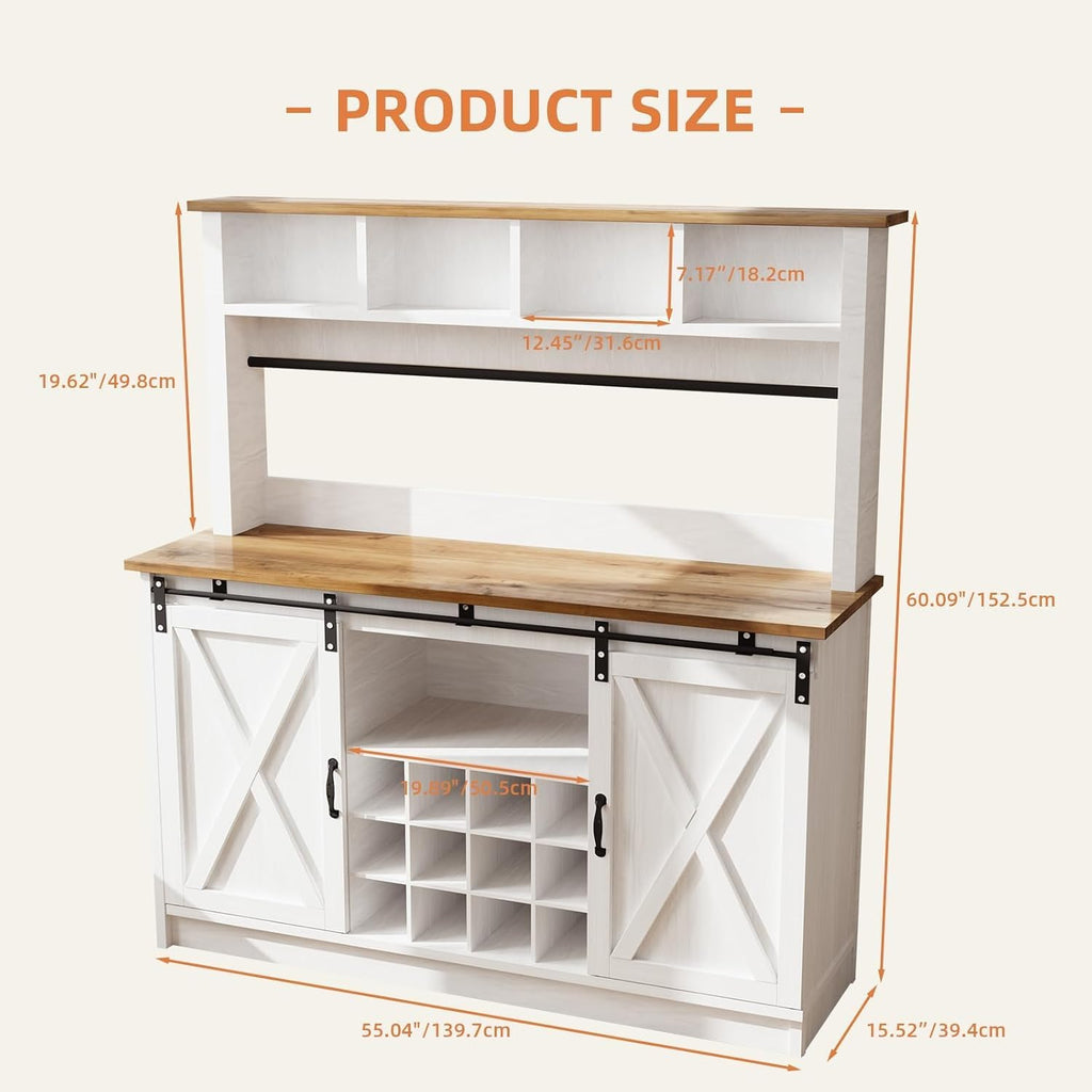 4ever2buy Farmhouse Coffee Bar Cabinet with 4 Storage Hutch, 55 Inch Wine Bar with 12 Wine Racks and 8 Hooks, Hutch Storage Cabinet with Sliding Barn Doors for Kitchen Dining Living Room, White