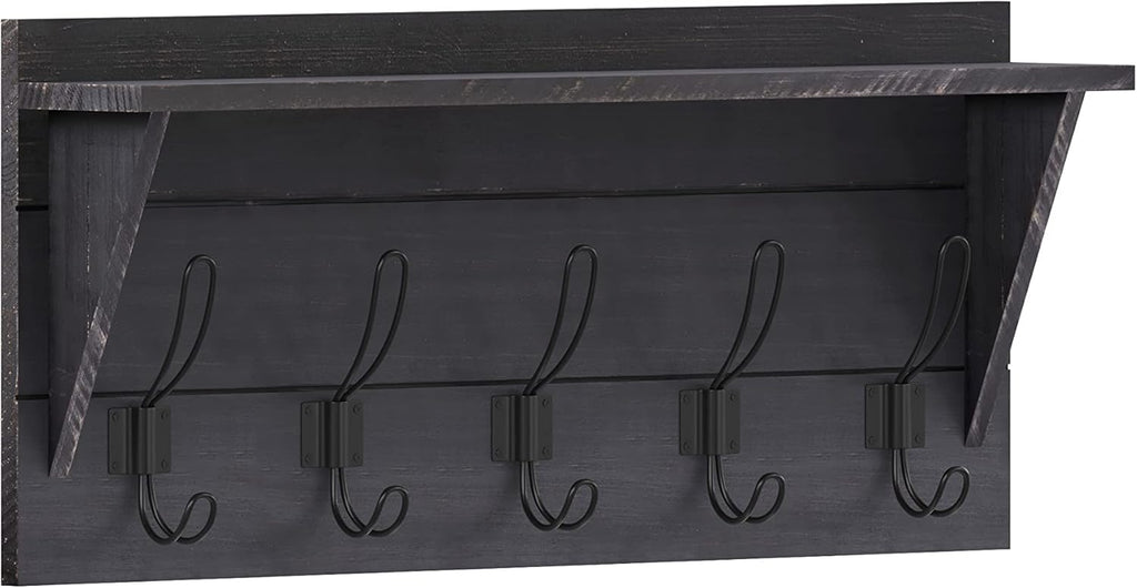 HBCY Creations 24" Wall Mounted Storage Rack - Pine Wood Construction - Black Wash - Upper Storage Shelf - 5 Hooks - Ideal for Entryway, Kitchen, Bathroom