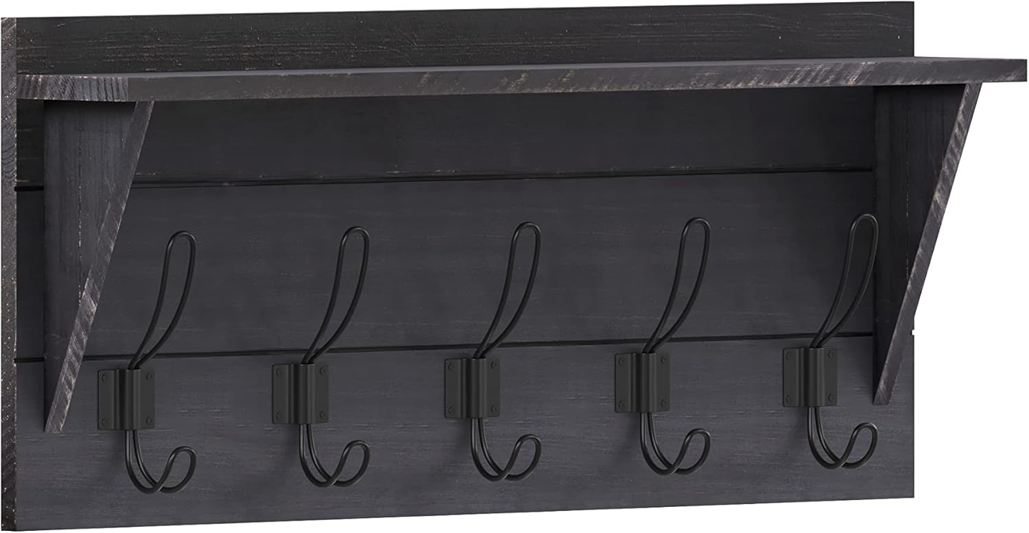 HBCY Creations 24" Wall Mounted Storage Rack - Pine Wood Construction - Black Wash - Upper Storage Shelf - 5 Hooks - Ideal for Entryway, Kitchen, Bathroom