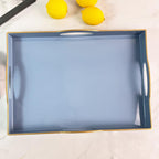 Blue Serving Tray with 4 Handles, Plastic Decorative Tray for Coffee Table, Ottoman - Ideal for Living Room & Bathroom. 15” x 11” x 1.9”