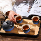 LURRIER Gongfu tea sets, Portable Ceramic TeaSet, Asian Tea sets for adult, Tea Gift sets, Grey leather case, Portable Travel Bag,Home,Gifting,Outdoor and Office(XBlack and Blue)