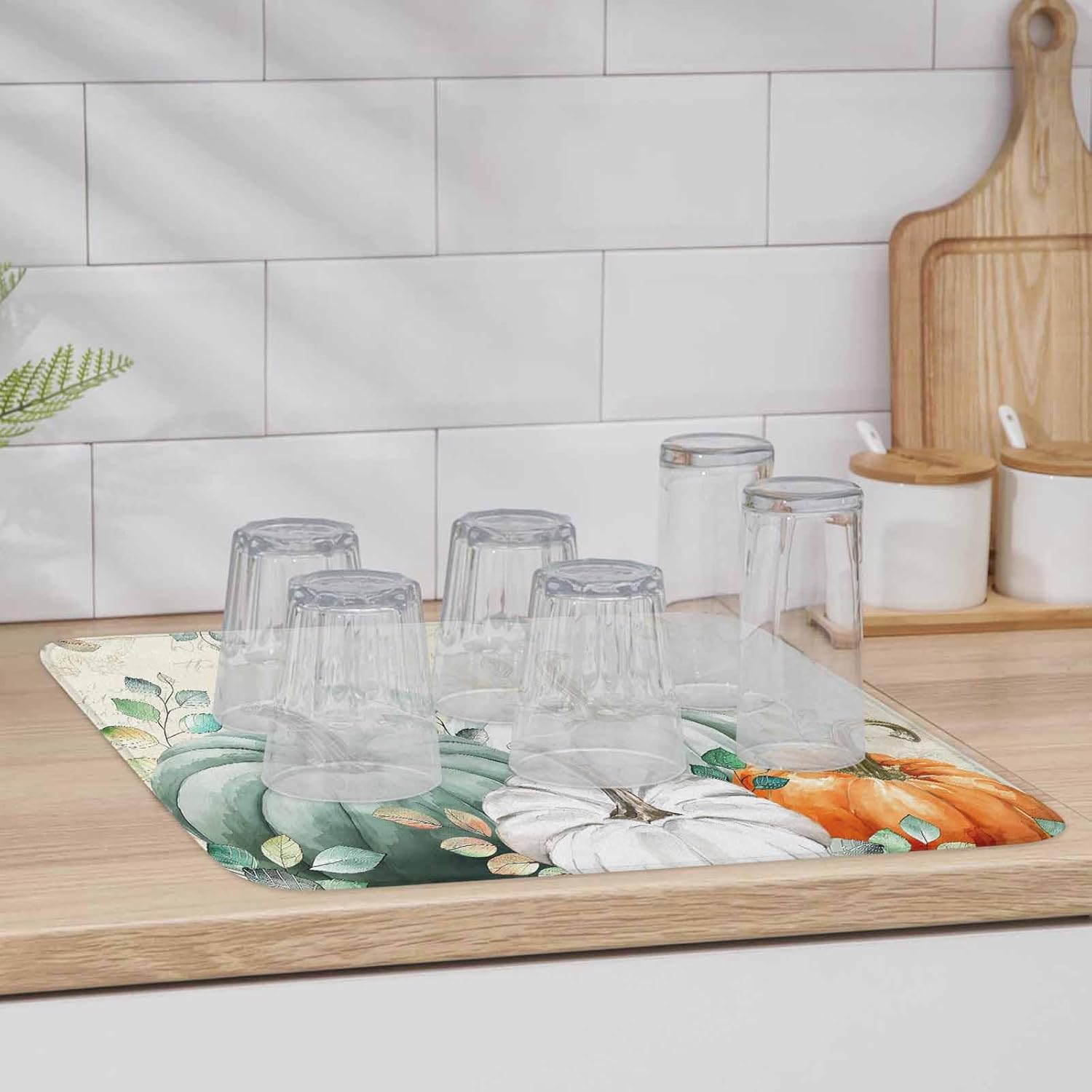 Fall Dish Drying Mat for Kitchen Counter Green Pumpkin Drying Pad Absorbent Drying Mats for Countertops Sinks Draining Racks Eucalyptus Leaves Drainer Holiday Harvest Thanksgiving Decorations 18x24