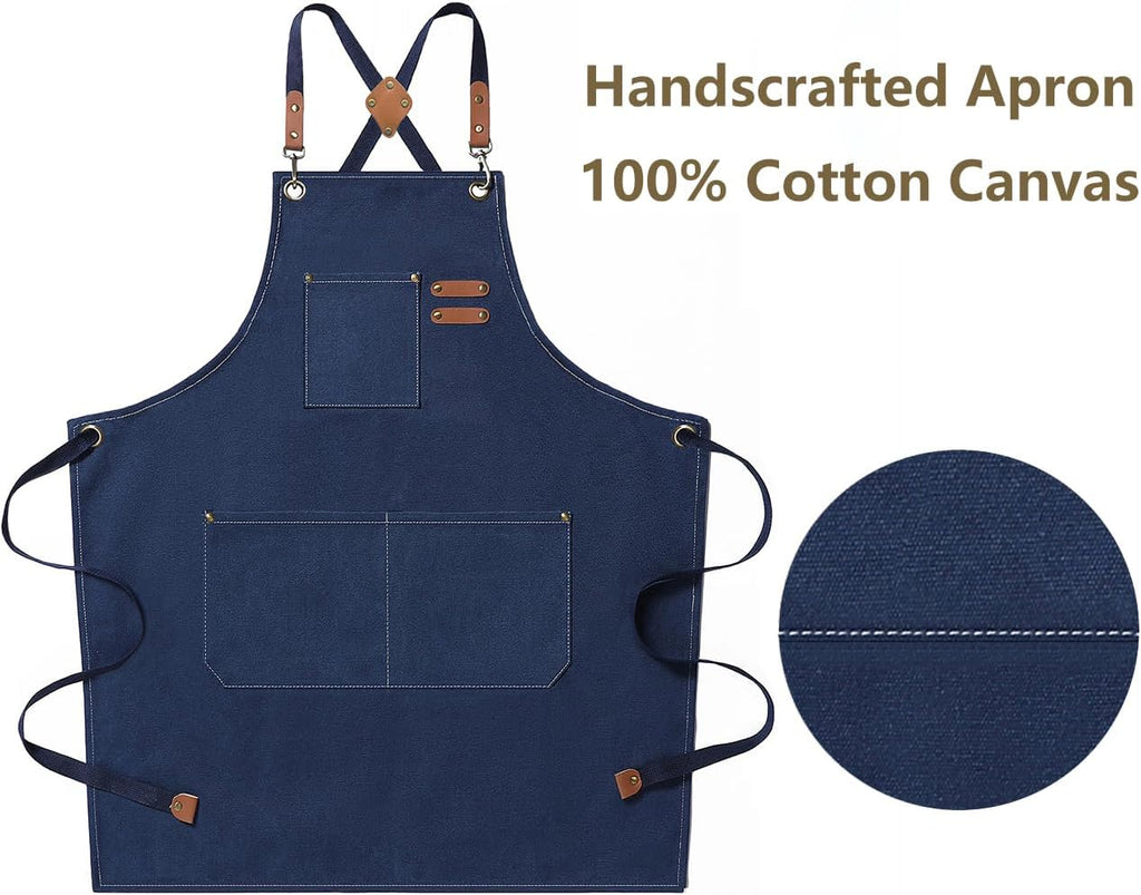 AFUN Chef Aprons for Men Women with Large Pockets, Cotton Canvas Cross Back Heavy Duty Adjustable Work Apron, Size M to XXL (Darkblue)