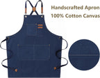 AFUN Chef Aprons for Men Women with Large Pockets, Cotton Canvas Cross Back Heavy Duty Adjustable Work Apron, Size M to XXL (Darkblue)