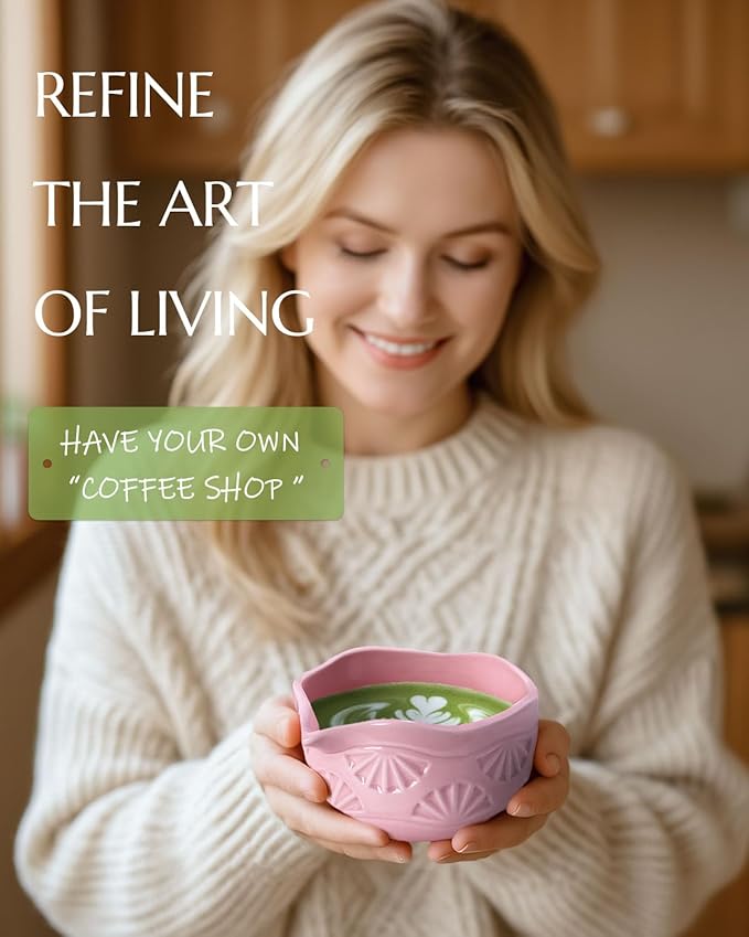 Matcha Whisk Set, Ceramic Matcha Set Includes Matcha Bowl with Spout, Matcha Whisk and Holder, Bamboo Scoop, Sifter and Tea Towel - 6 Pcs Matcha Kit Gift for Matcha Lovers (Pink)