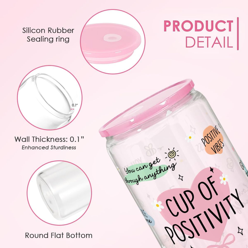 SANDJEST Inspiration Gifts - Glass Tumbler 16oz with Acrylic Lid and Straw - Iced Coffee Cups for Women, Aesthetic Glass Cup Gift for Birthday Christmas