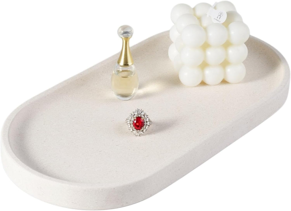 Koville Creamy White Marble Tray for Bathroom, 12"x6" Natural Luxury Marble Vanity Tray for Home Decor Countertop, Stone Oval Trays for Perfume & Jewelry Organizer, Stone Storage Trays