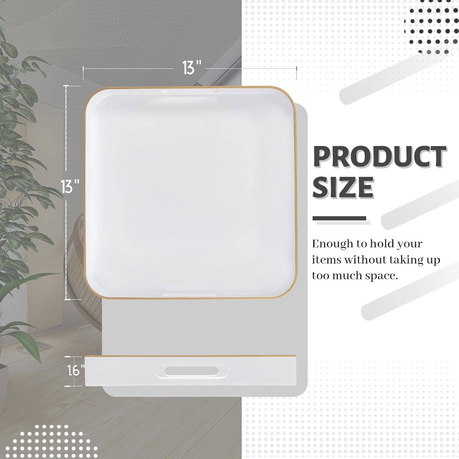 MAONAME 13" White Decorative Tray, Serving Tray with Metal Handles, Square Plastic Trays for Ottoman, Modern Coffee Table Trays for Living Room, Bathroom